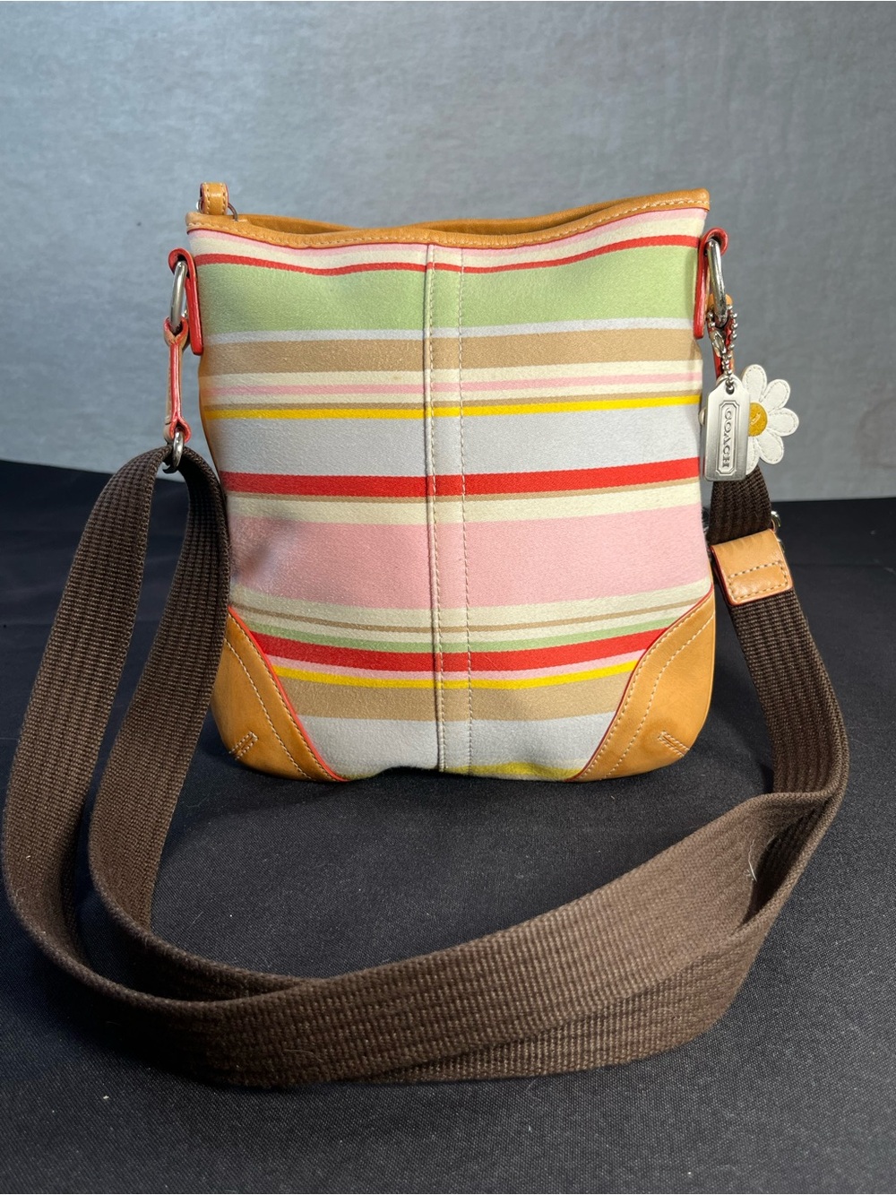 Coach Striped Multicolor Canvas Crossbody Bag with Tan Leather Trim